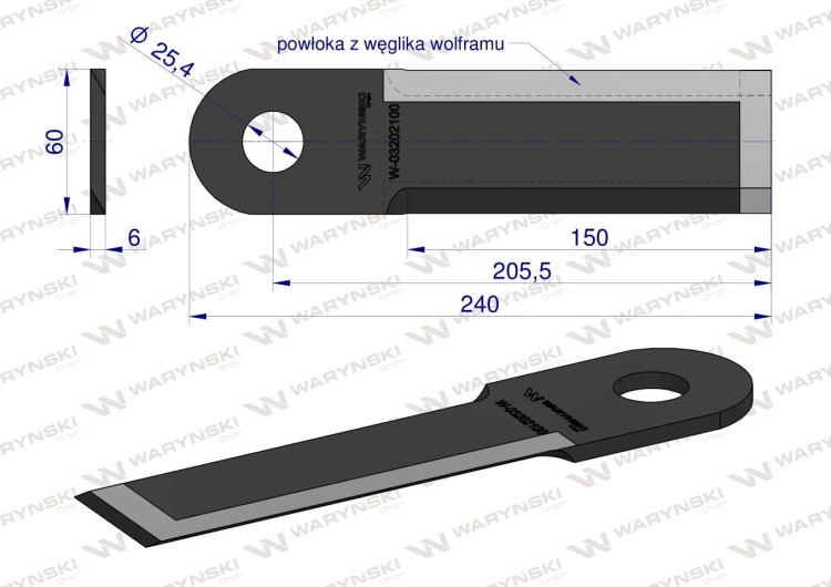 Nóż przystawki do kukurydzy 03202100 napawany 240x60x6 otwót 25.4mm Capello WARYŃSKI  3