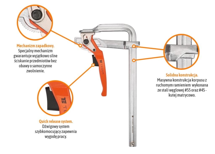 Ścisk ślusarski dźwigniowy szybkomocujący 140x300 mm Teger 2