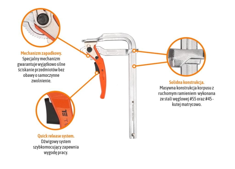 Ścisk ślusarski dzwigniowy szybkomocujący 100x200 mm Teger 2