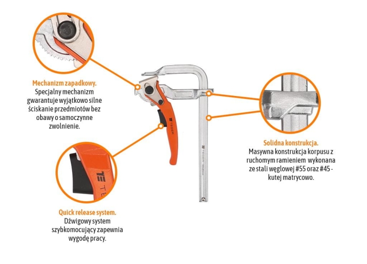 Ścisk ślusarski dzwigniowy szybkomocujący 80x160 mm Teger 2