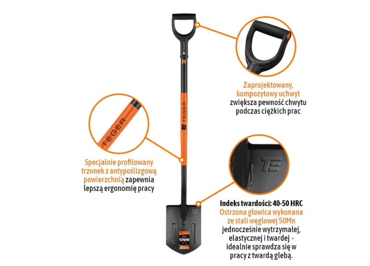 Szpadel szpiczasty na metalowym trzonku (dł. 1250 mm) Teger  3
