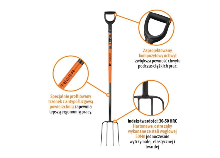Widły gospodarcze 4-zębne na metalowym trzonku - Extra Long (dł. 1600 mm) Teger 3