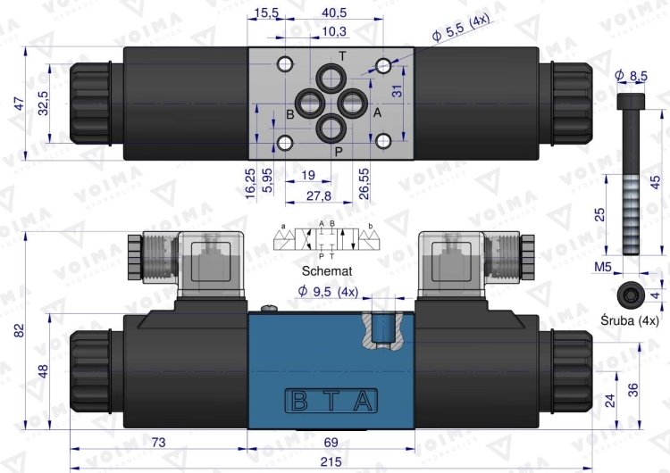 Rozdzielacz (elektrozawór CETOP 3 NG6) 3-pozycyjny 50L suwak "E" (cewki x2) 24V VOIMA 2