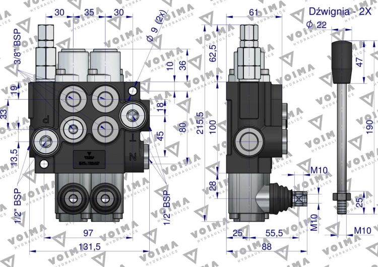 Rozdzielacz hydrauliczny 2-sekcyjny 40L (1-sekcja nurnikowa) VOIMA 4