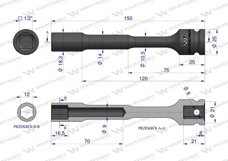 Nasadka udarowa 1/2" sześciokątna slim przelotowa ze stali CrMo 12mm długość 150 mm Waryński 2