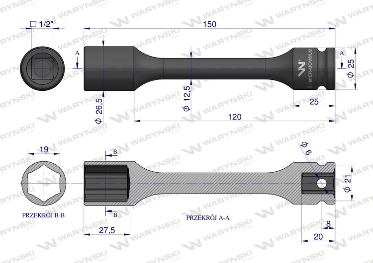 Nasadka udarowa 1/2" sześciokątna slim 19mm długość 150 mm stal CrMo Waryński 2