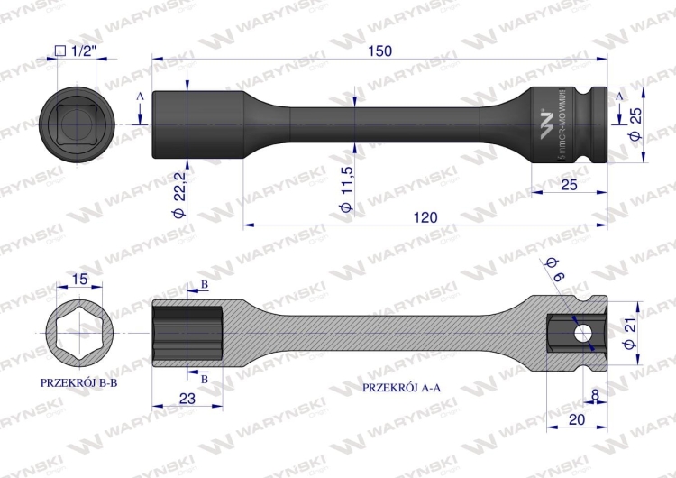 Nasadka udarowa 1/2"sześciokątna slim ze stali CrMo 15mm długość 150 mm Waryński 2