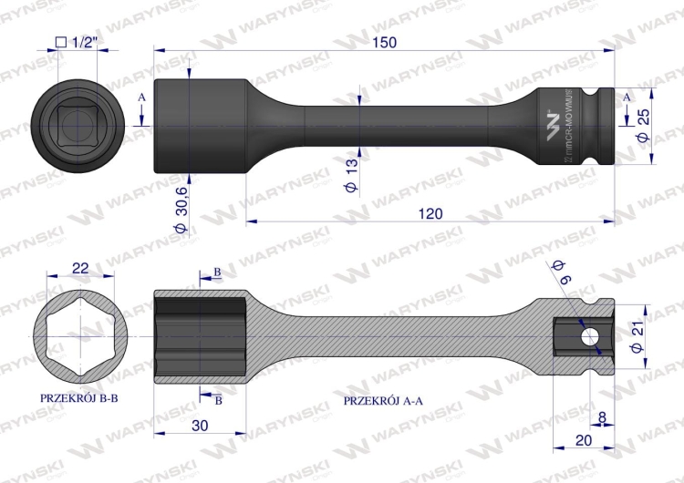 Nasadka udarowa 1/2" sześciokątna slim ze stali CrMo 22mm długość 150 mm Waryński 2