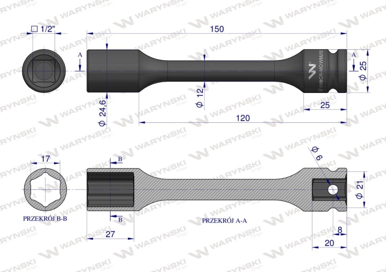 Nasadka udarowa 1/2" sześciokątna slim ze stali CrMo 17mm długość 150 mm Waryński 2