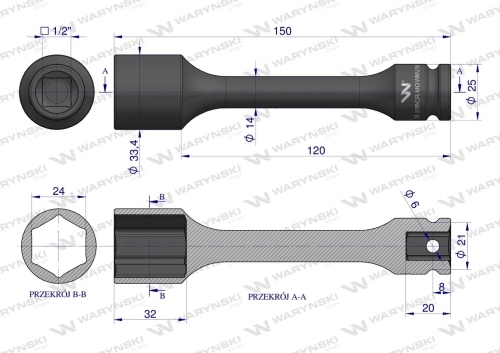 Nasadka udarowa 1/2" sześciokątna slim ze stali CrMo 24mm długość 150 mm Waryński 2