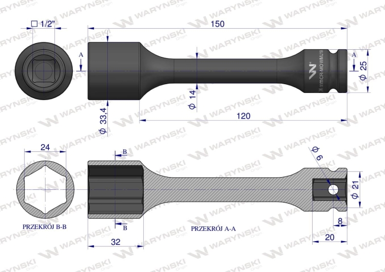 Nasadka udarowa 1/2" sześciokątna slim ze stali CrMo 24mm długość 150 mm Waryński 2