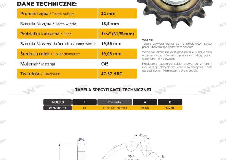Koło zębate napinacza z łożyskiem 20B-1 (R1 1.1/4) Z-13 fi 25 Waryński  3