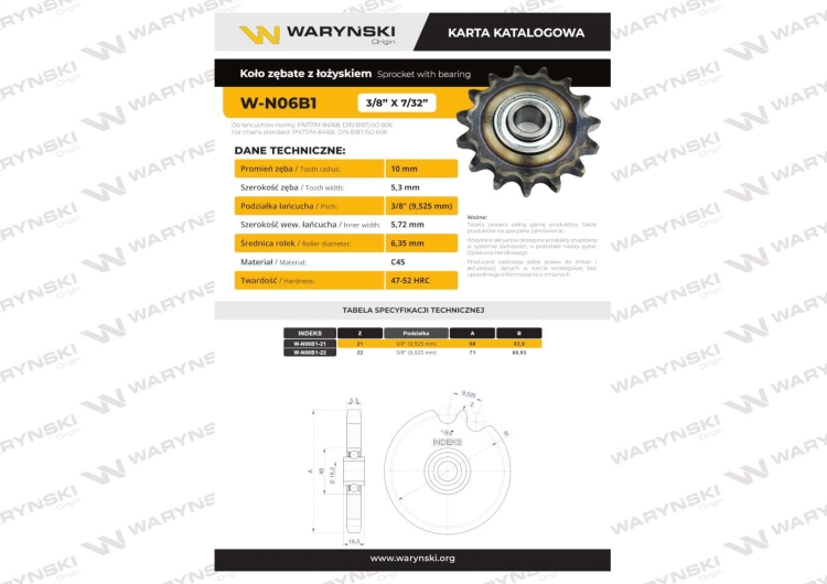 Koło zębate napinacza z łożyskiem 06B-1 (R1 3/8) Z-21 fi 16 Waryński  2