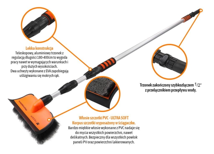 Szczotka teleskopowa - przepływowa ze ściągaczką PROFESSIONAL - LONG (dł. 180-400cm) miękkie włosie PVC TEGER 2