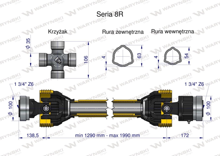 -Wał przegubowo-teleskopowy 1290-1990mm 1240Nm Z6 - 1 3/4 z drugiej strony sprzęgło jednokierunkowe Z6 - 1 3/4 CE 2020 seria 8R Waryński  3