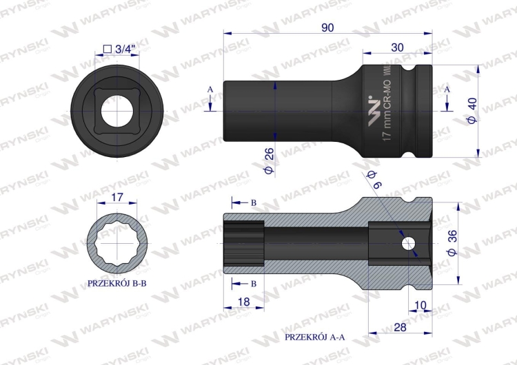 Nasadka udarowa 3/4" dwunastokątna ze stali CrMo 17mm bardzo długa D90 SLIM Waryński 3
