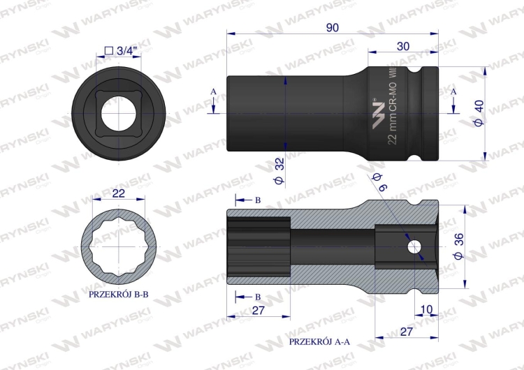 Nasadka udarowa 3/4" dwunastokątna ze stali CrMo 22mm bardzo długa D90 SLIM Waryński 3