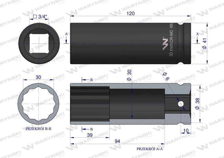 Nasadka udarowa 3/4" dwunastokątna ze stali CrMo 30mm bardzo długa D120 SLIM Waryński 3