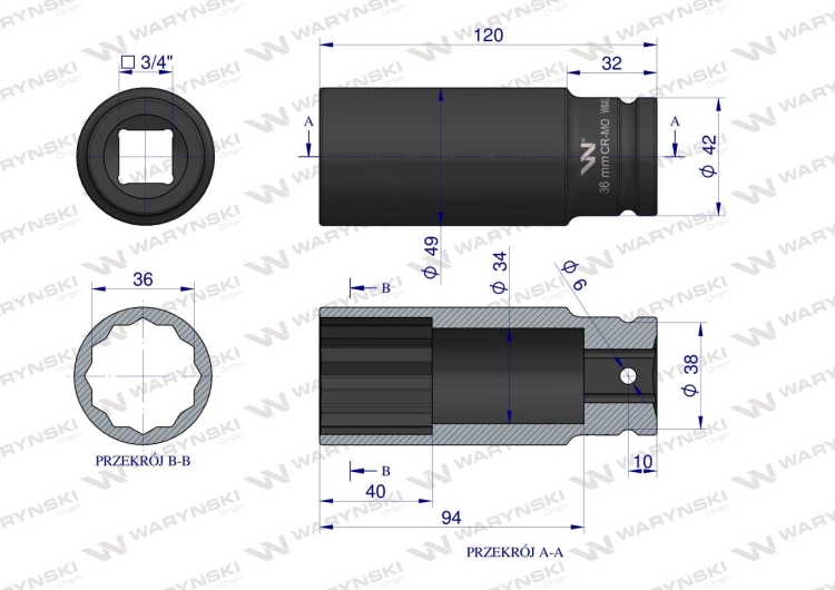 Nasadka udarowa 3/4" dwunastokątna ze stali CrMo 36mm bardzo długa D120 SLIM Waryński 3