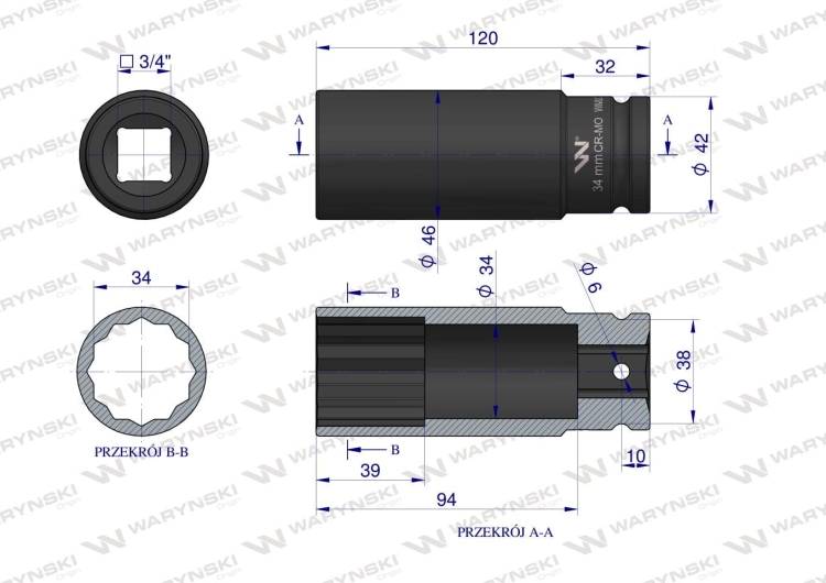 Nasadka udarowa 3/4" dwunastokątna ze stali CrMo 34mm bardzo długa D120 SLIM Waryński 3