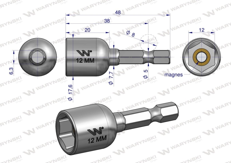 Nasadka do farmerów 12mm do uchwytu narzędziowego do wkrętarki ze stali CrV długość 48 mm Waryński 4