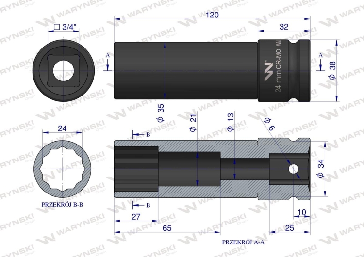Nasadka udarowa 3/4" dwunastokątna stal CrMo 24mm bardzo długa D120 SLIM Waryński 3