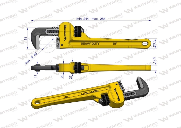Klucz do rur typ amerykański 10" wzmocniony szczęki CrMo max średnica 40 mm Waryński 3