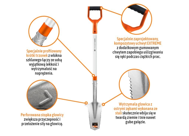 Szpadel zębaty na trzonku z włókna szklanego dł. 1150 mm Extreme Teger 2