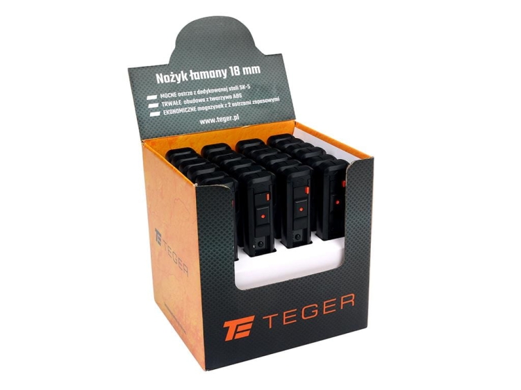 Nożyk łamany ostrze 18mm ze stali SK2 w obudowie z tworzywa ABS w kartoniku ekspozycyjnym Teger (sprzedawane po 24)