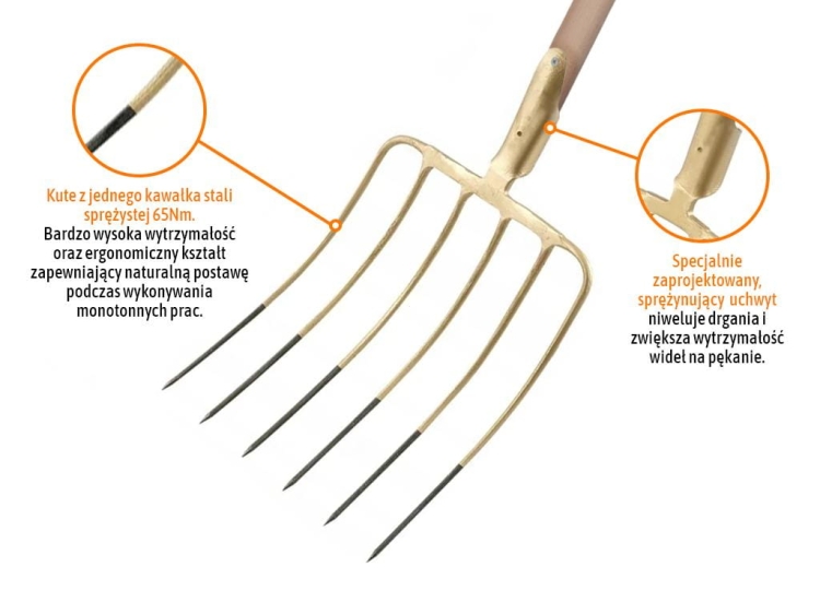 Widły gospodarcze 6-zębne do kiszonki / kukurydzy na drewnianym trzonku (dł. 1580 mm) kute Teger 2