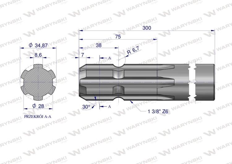 Wałek WOM frezowany jednostronnie 300mm Z6 - 1 3/8 Waryński 2