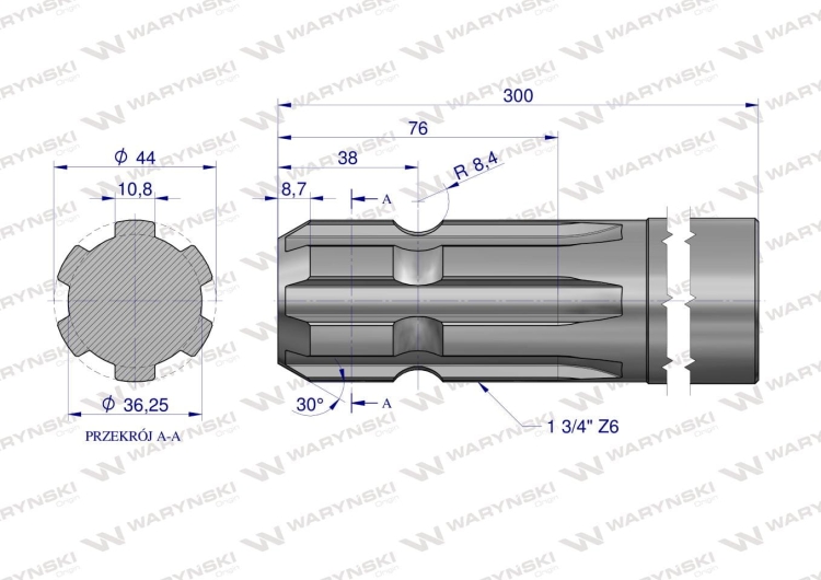 Wałek WOM frezowany jednostronnie 300mm Z6 - 1 3/4 Waryński 2