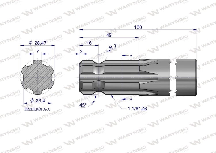 Wałek WOM frezowany jednostronnie 100mm Z6 - 1 1/8 Waryński 2