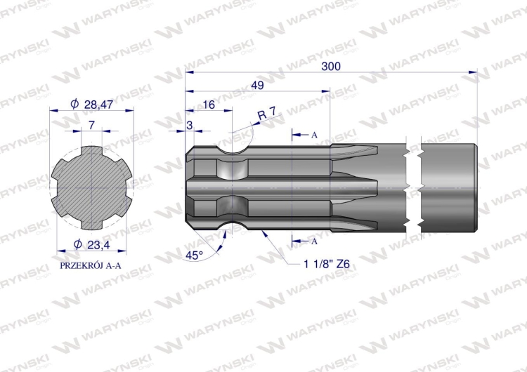 Wałek WOM frezowany jednostronnie 300mm Z6 - 1 1/8 Waryński 2