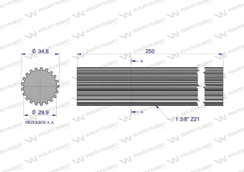 Wałek WOM frezowany całościowo 250mm Z21 - 1 3/8 Waryński 2