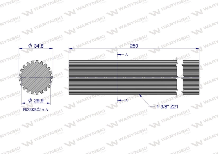 Wałek WOM frezowany całościowo 250mm Z21 - 1 3/8 Waryński 2