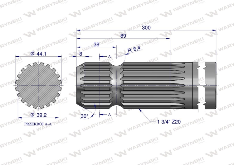 Wałek WOM frezowany jednostronnie 300mm Z20 - 1 3/4 Waryński 2