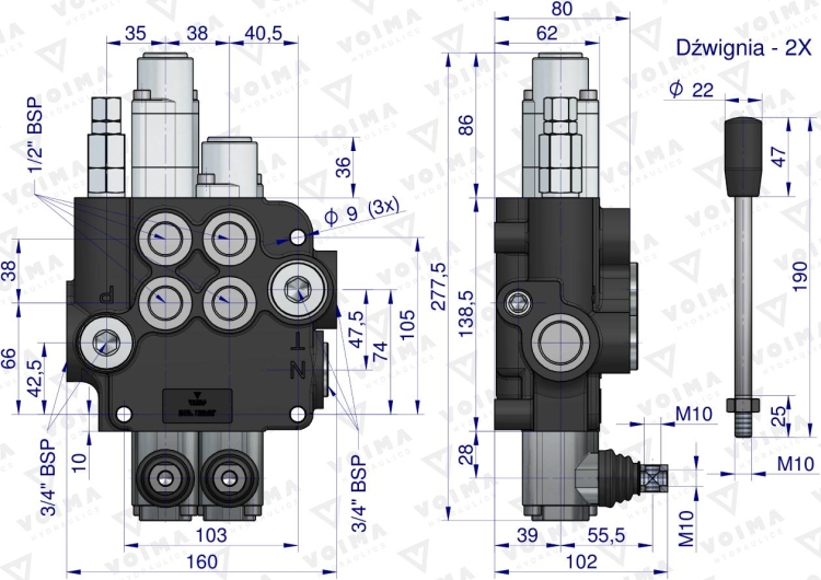 Rozdzielacz hydrauliczny 2-sekcyjny 80L (1-sekcja pływająca) VOIMA 4