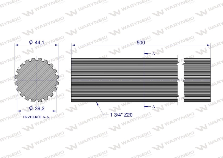 Wałek WOM frezowany całościowo 500mm Z20 - 1 3/4 Waryński 2
