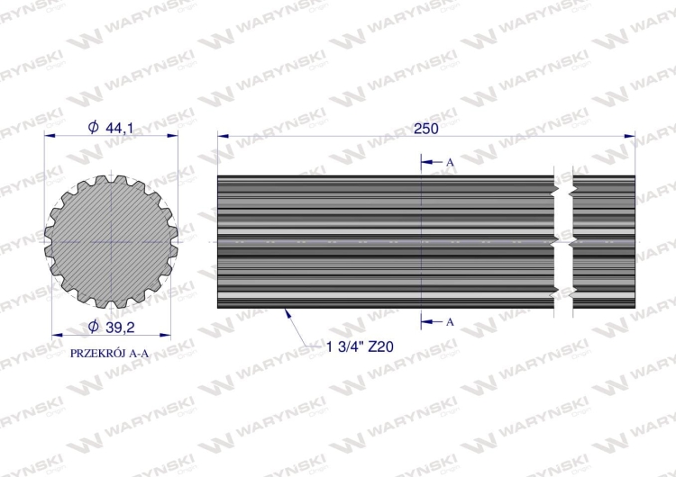 Wałek WOM frezowany całościowo 250mm Z20 - 1 3/4 Waryński 2