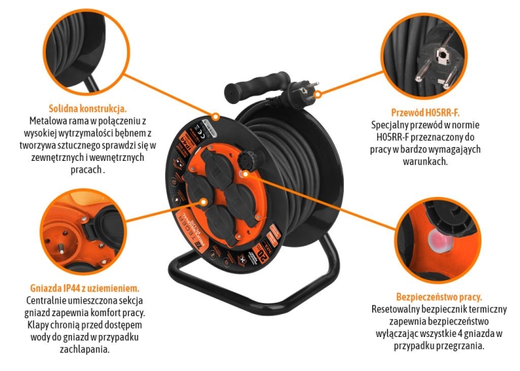 Przedłużacz bębnowy warsztatowy 20m 3X2,5mm PROFESSIONAL IP44 H05RR-F CE Teger 2