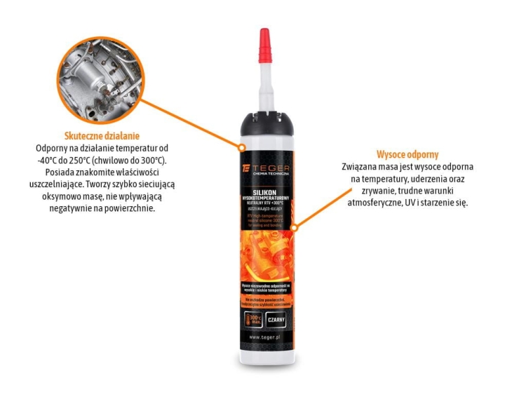 Silikon wysokotemperaturowy neutralny RTV +300°C uszczelniająco-klejący czarny 200 ml Teger 2