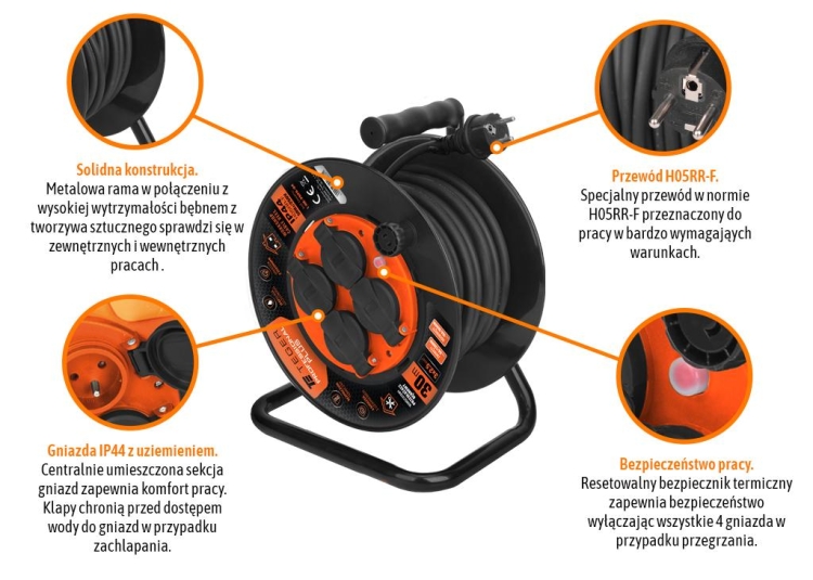 Przedłużacz bębnowy warsztatowy 30m 3X2,5mm PROFESSIONAL IP44 H05RR-F CE Teger 2