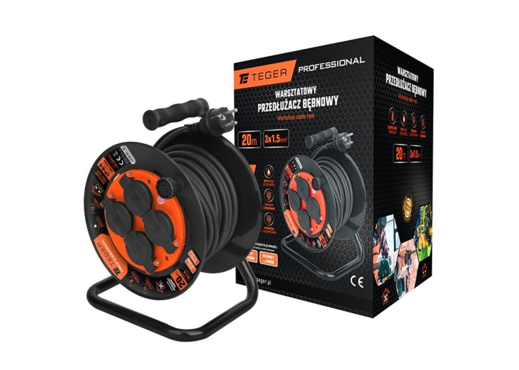 T-NB-PBPR-0Przedłużacz bębnowy warsztatowy 20m PROFESSIONAL 3X1,5mm IP44 H05RR-F CE Teger