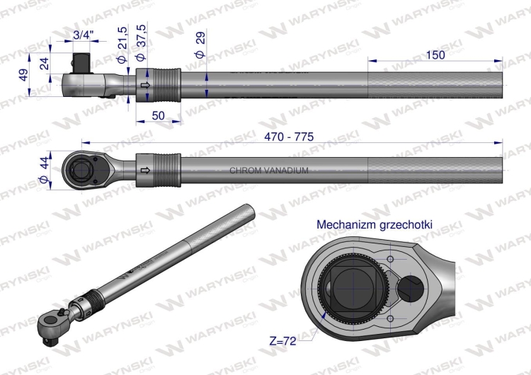 Grzechotka 72 zęby teleskopowa do nasadek 3/4 cala długość 495-775mm Waryński 9