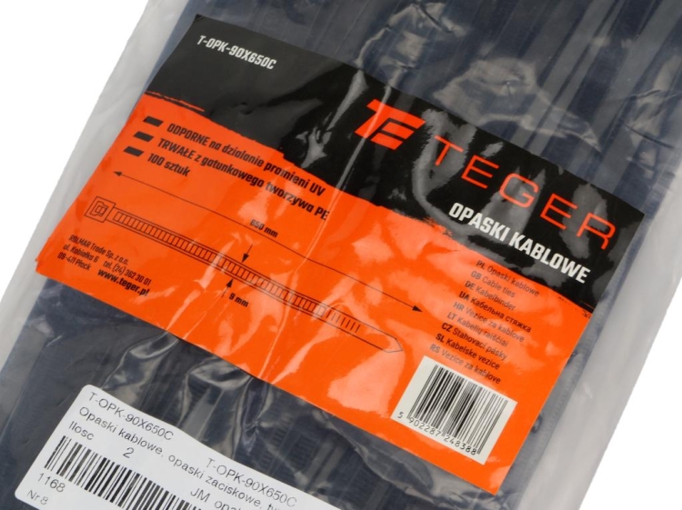 Opaski kablowe trytytki 9.0 x 650mm 100 szt czarne odporne na UV Teger 3
