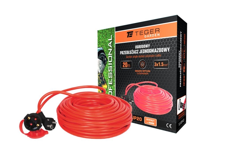 Przedłużacz jednogniazdowy ogrodowy 3X1,5mm 20m PROFESSIONAL IP20 H05VV-F z uziemieniem cert. CE Teger