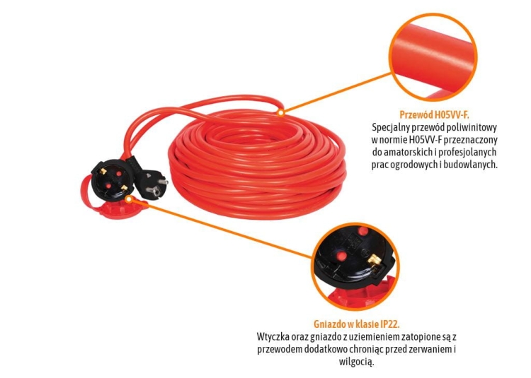 Przedłużacz jednogniazdowy ogrodowy 3X1,5mm 20m PROFESSIONAL IP20 H05VV-F z uziemieniem cert. CE Teger 2