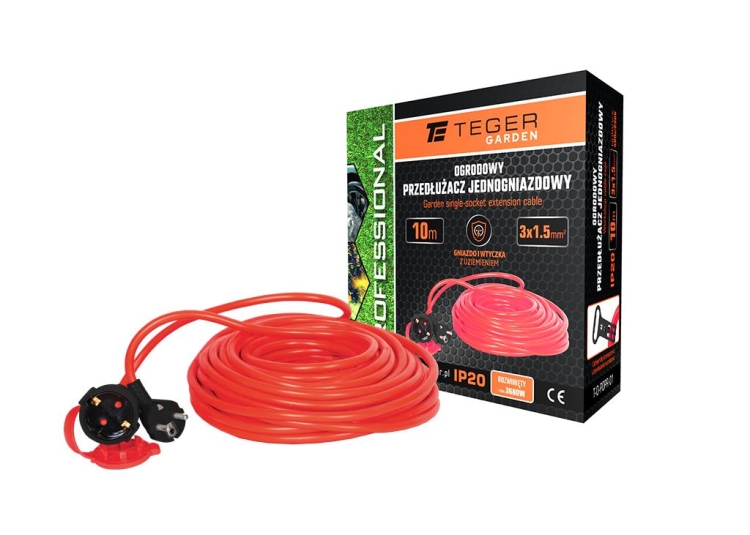 Przedłużacz jednogniazdowy ogrodowy 3X1,5mm 10m PROFESSIONAL IP20 H05VV-F z uziemieniem CE Teger