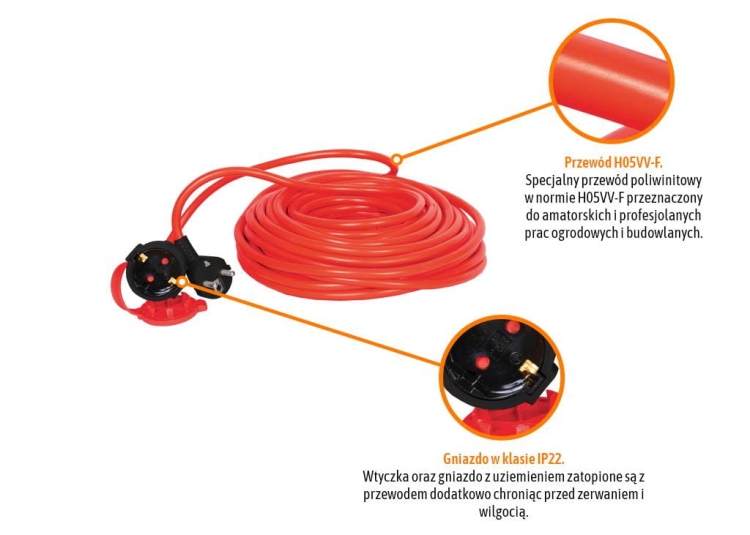 Przedłużacz jednogniazdowy ogrodowy 3X1,5mm 10m PROFESSIONAL IP20 H05VV-F z uziemieniem CE Teger 2
